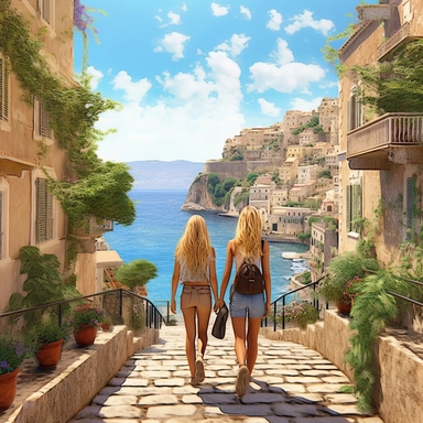 panoramic view, full view, landscape, two beautiful female best friends with blonde hair walking, smiling and chatting, beautiful faces, along a cobblestone walkway in a beautiful mediterranean town with view of beautiful blue water, cascading bougavanelia, beautiful summer day, illustration clipart, photo realistic, romantic, fantasy, ethereal, sharp focus, high detail,