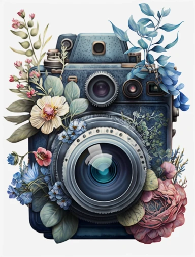 a watercolor vintage camera 1 photo lens only, profil view, surrounded by an intricate arrangement of dramatic extravagant ultra realistic digital 3D giant blue grey lucky flowers, in the style of large-scale photography, lush detailing, watercolor style, pastel colors, photorealistic, playfully intricate, made of flowers, bloomcore, 8K, clipart, clear background