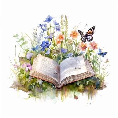 a magical old open book, beautiful watercolor flowers, greenery, grass and little butterflies between de booksides, like a brush painting, highly detailed clipart, white background