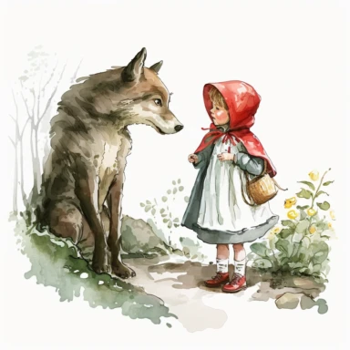 little red riding hood cute character, having a conversation with a big gray wolf in the redwood, children' story book style, beatrix potter style, watercolor, white background, clipart
