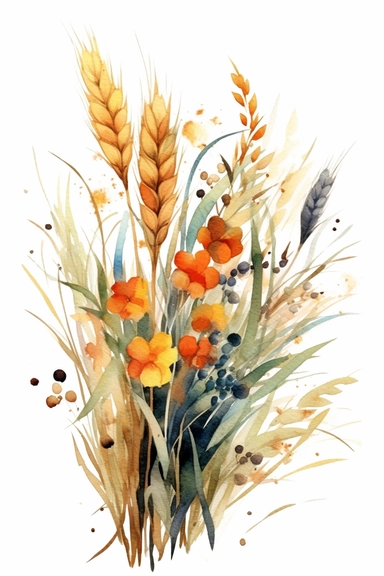 watercolor different grasses and cereal plants, solid background, clipart
