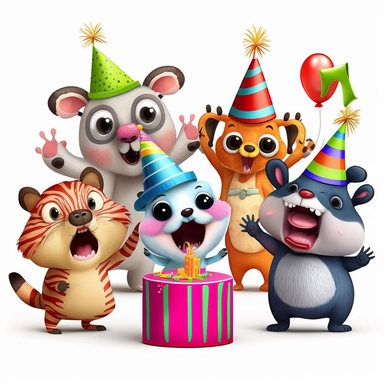 clipart birthday party little animals.,artistic painting style , cute and sweet, they are smiling and happy, they are singing happy birthday, dancing and super excited, 3d with vibrant colors, white background and no text or caption