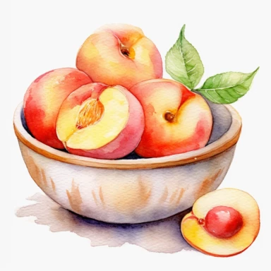 An endearing watercolor Peach  Nectarine Fruit clipart of Peach  Nectarine Fruit , cut and serve in bowl 300DPI