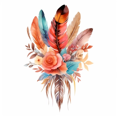 Design an auto sticker that exudes bohemian elegance through a combination of boho feathers and watercolor floral clipart bouquets. Let the graceful feathers and vibrant flowers create a captivating visual dance. Allow this design to reflect the free-spirited and sophisticated nature of the boho aesthetic.