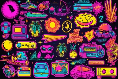 Retro 80s 90s clipart set. Neon colors y2k fashion patch, badge, emblem, stickers.