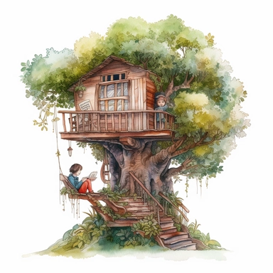 watercolor, hyper realistic, white background, white margins, 16k, ultra detailed clipart, cut out image, hand-drawn, whimsical A child sitting in a treehouse reading a book, surrounded by nature and a peaceful view of the garden below.