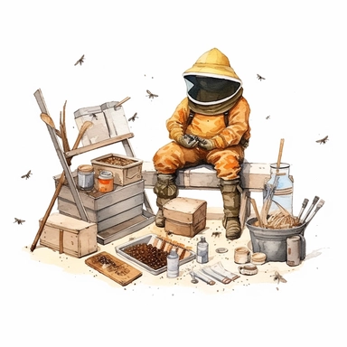 watercolor, An illustration showcasing a variety of beekeeper tools laid out, including a beekeeping suit, gloves, smoker, hive tool, and a brush, with bees flying around in the background. (Digital drawing clipart, image black border color, full body, flat texture, transparent background)