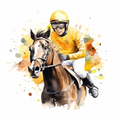 ace horse, with jockey, with yellow flowers water color, white backhround, clipart