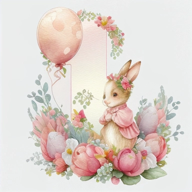 a beautiful watercolour 3d pink number 1 draped in beautiful flowers, a classic cute Beatrix potter pink rabbit, birthday party, holding pretty pink balloons, birthday cake, birthday themed, transparent background, Clipart style, solid white background, png style