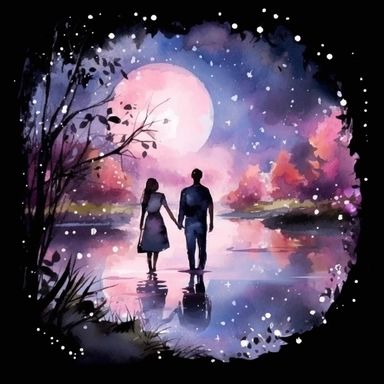 Watercolor, A couple by the river in bloom, night,clipart on black background