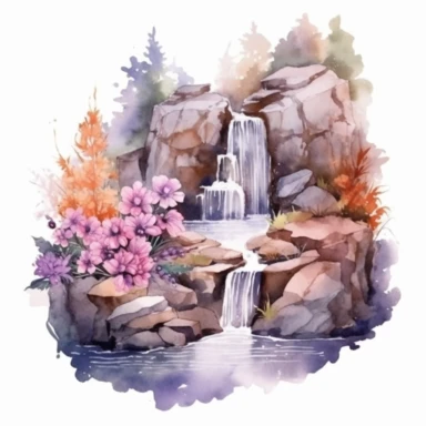 Clipart, isolated on white background, beautiful cute Watercolor Spring waterfalls through the stones, forest woodland nature landscape scenery, plants and flowers, ornated, pastel colors