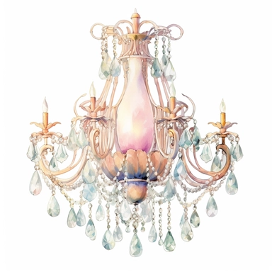 Pastel watercolor Victorian Crystal Chandelier A mesmerizing crystal chandelier with a delicate metal frame adorned with sparkling pastel-hued crystals that create a subtle and enchanting glow clipart isolated on white background, Pale peach and light turquoise with subtle hints of shimmering silver pastel color palette, in brush style of Willem Haenraets, clean edges around image, in the style of pastel watercolor illustrations, feminine sensibilities, detailed illustrations, heavy shading, del