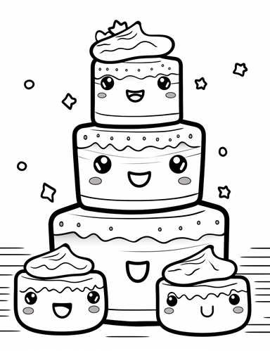 Kawaii s'mores with smiling faces, featuring toasted marshmallows, chocolate, and graham crackers For Simple Coloring page,line art, thick lines, black and white,clipart, illustration, on white background,margin Page 10px