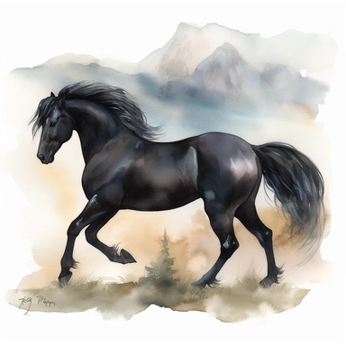 A clipart that shows a majestic black horse in a graceful pose on a white background. The horse's body is elegantly curved to emphasize its beauty and grace. It may be standing on a slight hill or in an idyllic landscape. The water colors give the clipart a soft and flowing look. The colors can be soft and pastel to create a calm atmosphere. Use different shades of blue for the background to create a natural water or sky look. The contours of the horse are subtle and well defined to clearly show