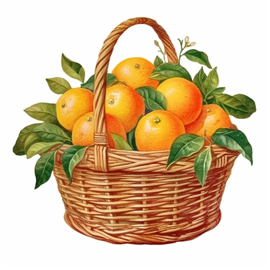 A colorful watercolor antique orange citrus basket clipart in PNG format, with a white background and easy to cut out