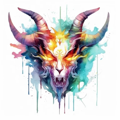 Solid white background, Detailed watercolor/alcohol ink magical demon amulet clipart. Isolated image. high key and with vivid colors