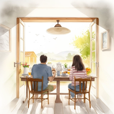 watercolor, hyper realistic, white background with margins, 8k, ultra detailed clipart people enjoying breakfast together, such as a couple, a family, or friends., by the window, countryside view