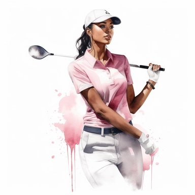 Idyllic watercolor clipart of a young black modern female golfer with dark hair in white and pink close-fitting sports golf clothes standing upright taking a golf shot, isolated on a pure white background, insane detail,
