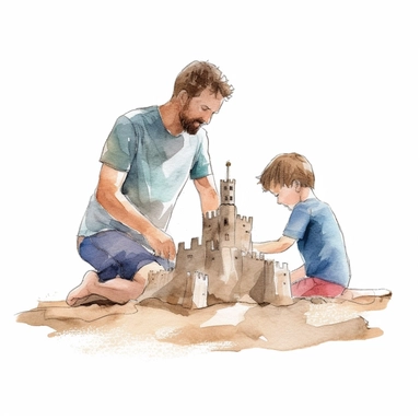 A father and son building a sandcastle on the beach, Watercolor, Clipart, detailed, high resolution, transparent background PNG
