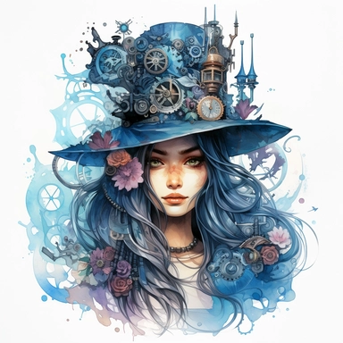 clipart white background paint a mesmerizing steampunk witch with delicate watercolor hat and an elaborate headdress adorned with clock hands and gears