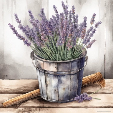 Create a beautiful watercolor clipart of a dried bunch of a French lavender. potted plant against a rustic farm door. The composition should be set against an isolated white background, with a bright and airy feel. Focus on capturing intricate details such as the delicate petals of the lavender. Use a loose and fluid watercolor technique to create a sense of movement and lightness. Experiment with the use of negative space to create a sense of depth and perspective. Consider adding small splatte