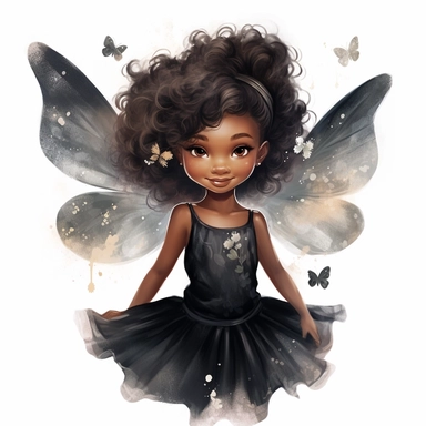 magical black little girl, fairy wings, clipart, disney style, watercolor, white background
