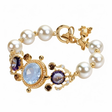 generate a clipart depicting perfect gemstone bracelet with intricate details and a lustrous surface. slender and lightweight small gemstone swarovski charms top view for product sales sophisticated locking ornament S-hook clasp truly timeless elegance premium luxury AAA+ opal adularescence incorporating precious gemstone gold druzy treasure delightful expensive big very clearly baroque pearl luster organic forms gold plated fresh water pearls ornate seamless pattern photo realistic honestly rea