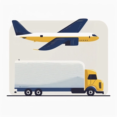 side illustration of a plane flying over a cargo truck, white background, blue and indigo and gray and yellow, clipart style, clean, simple line drawing, minimalist, matte drawing style