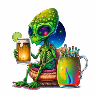 Illustration in boho style, clipart, sublimation picture Alien with a huge glass of Irish beer. Bright colorful colors. White empty background, high quality 8k, quality detail