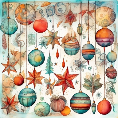 Watercolor line art, little squares filled with doodly patterns of  xmas ,ornaments and decorations , illustrations clipart set, simple, christmas colors , cartoon elements, different variants , stocking, bubble ornaments, xmas wreath, modern art, separate elements with a margin
