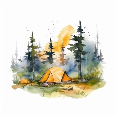 camping scene in forest watercolor style clipart on white background with margins