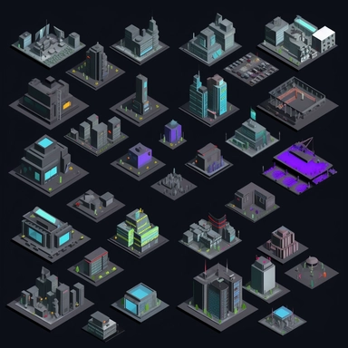 spritesheet of futuristic city buildings, isometric perspective, game sprite, sci-fi, fun, creative, cartoon, clipart, hyper-detailed, black background,