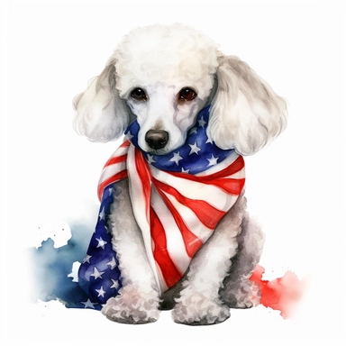 realistic watercolor of a Poodle wering a american flag scarf, vector free clipart illustration, in the style of unreal engine 5, 32k uhd, detailed features, white background