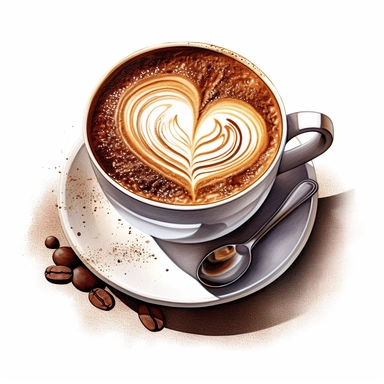 Isometric illumination of commercial shot of ultra - realistic watercolor painting of a really delicious coffee with chocolate, latte art heart clipart, good looking food, delicious, yummy, foodie, healthy, white background no text, isolated on white, watercolor illustration, award winning, strong and sharp lines, upscale