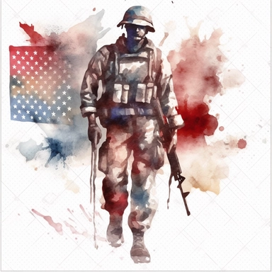 Watercolor Drawing American flag and soldier silhouette clipart.