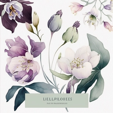 watercolor floral CLIPART, PURPLE HELLEBORES AND WHITE SPRING BLOSSOMS PREMADE BORDER, pastel pale COLORS, clipart, no background, blank space for writing, CLEAN OUTLINE, delicate and elegant, dreamy airy color, classic style, airy watery colors, with elements of GREEN LEAVES, hd, best quality, 8k, ar:3:1