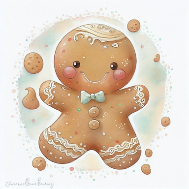 A watercolor painting of cute christmas gingerbread man, christmas gingerbread man, christmas gingerbread, cute detailed digital art, inspired by nicoletta ceccoli, by Kubisi art, whimsical and cute, by nicoletta ceccoli, cute detailed artwork, glimmering, adorable and whimsical, whimsical art, Clipart style, png style, svg style, blank white background, a solid white background