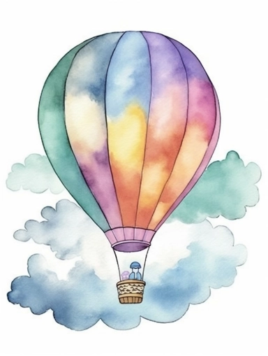 watercolor clipart with white background, hotair balloon floating in giant clouds, flat design, clearly defined separated image, high quality