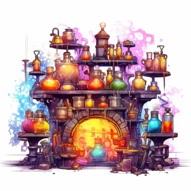 a clipart showcasing an enchanting potion brewing station, complete with bubbling cauldrons, swirling smoke, and shelves filled with colorful potion ingredients, 4k, details, white background