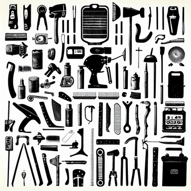 a black and white picture of various tools, a silk screen, fluxus, clipart, rows of tools, hammer, golf club, football, syringe, camera, drill, scissors, guitar, horn, axe, radio, sword, pliers, crowbar, airhorn, binoculars, blowtorch, shotgun, hockey stick, chainsaw, shovel, pitchfork, ladle, frying pan, creative commons attribution, business logo, (dark shorter curly hair), cogs:1000, 2010