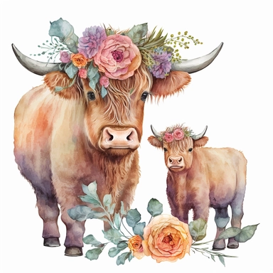 Watercolor clipart wonder: highland cow and precious calf adorned with charming hats, scarves, and blooming roses. A serene portrayal of love and joy. HD clarity, isolated on a white background. No text, just pure visual delight. Resolution: