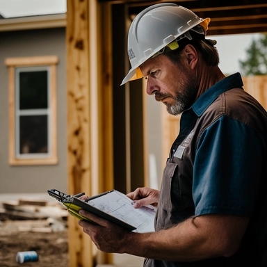 a man in construction outfit looking at a home wiht a clip board and a hard hat