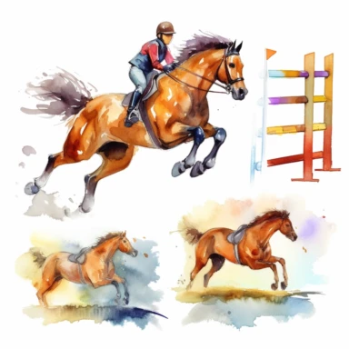 Watercolor horse riding , horse jumping over fence, illustrations clipart set, simple, vibrant colors , cartoon elements, different variants , separate elements with a margin