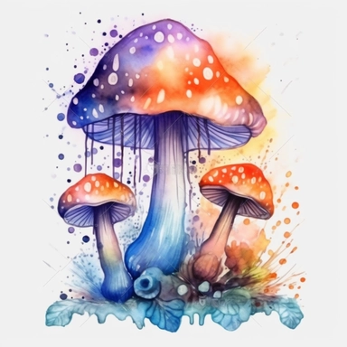 watercolor mystical magic mushrooms clipart with flowers berries, water drips on mushroom, magical illustration, in the style of realism with fantasy elements, drips and splatters, hyper-realistic water, light orange, blue and purple, uhd image, , mesmeri