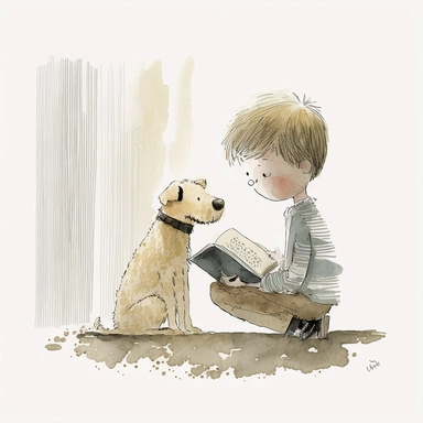 a dog sitting next to a young blonde boy reading a book, watercolor and ink drawing, clipart, happy, gentle smile, beautiful watercolor ink wash coloring, thick pencil lines, Jon klassen, Adrian tomine, popular on etsy, watercolor illustrations clipart, watercolor illlustrations for kids and children, book illustrations, plain white background