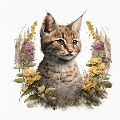 Safari cute Baby feral cat Animal Watercolor Clipart, adorned with a whimsical crown of flowers on its head, capturing the untamed beauty of the wild. Against a pristine white background, the intricate details of its fur and piercing eyes come to life in stunning 4K UHD resolution. The watercolor painting technique adds a touch of artistic charm, highlighting the cat's unique features and the delicate petals of the flowers.