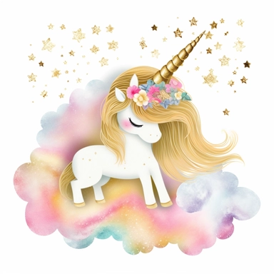 one gold glitter unicorn clipart with a rainbow an fluffy gold clouds,, white background