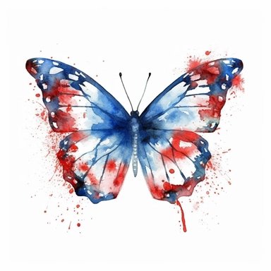 butterfly, red, white and blue watercolor clip art AR 3:2