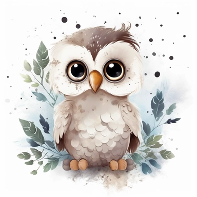The clipart features a 4K quality illustration with a dreamy and calm atmosphere. The background is a simple, minimalist, and uniform color, creating a clean and soothing backdrop. The clipart depicts a small cute baby owl, portrayed as an irresistibly adorable little creature, with simple watercolor brushstrokes capturing its wise and endearing nature. The cute baby owl is illustrated in a childlike style, with fluffy feathers, big round eyes, and a curious expression. Its eyes are filled with 