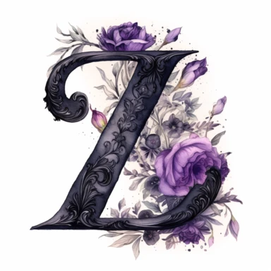 ultra beautiful Victorian vintage black alphabet letter Z, decorated with goth black and purple roses, water colour illustration, clipart, white background